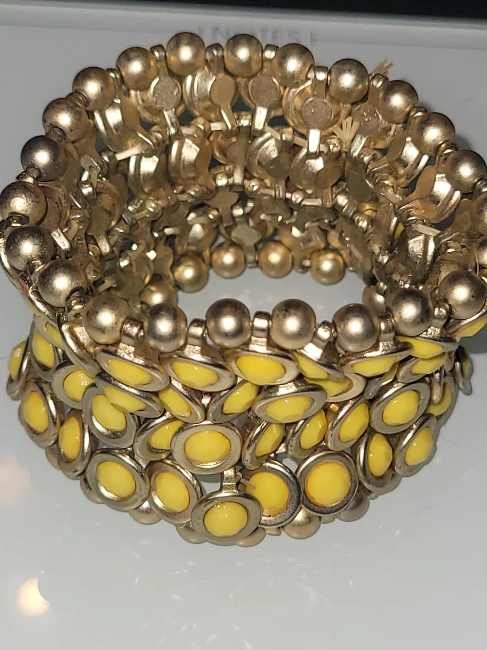 Vintage Gold Tone Yellow Enamel Wide Stretch Bracelet 7" Statement Cuff Boho - Picture 4 of 9